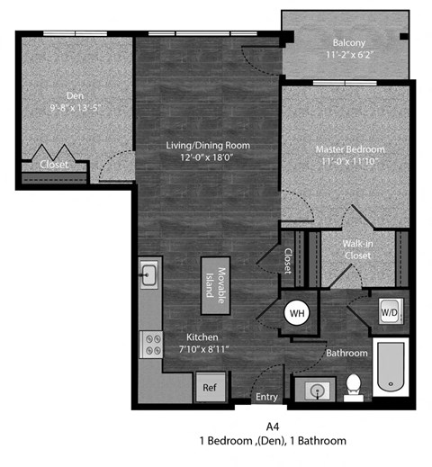 Floor plan for 1 bed, 1 bath, 850 sqft